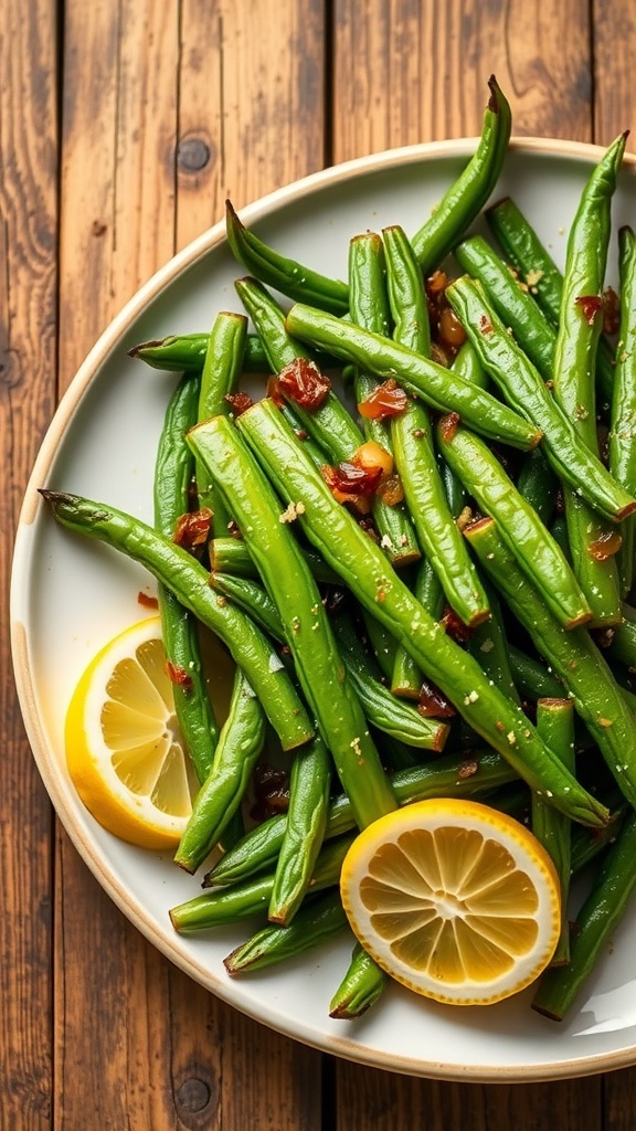 Crispy air fryer French beans garnished with seasonings and lemon on a wooden table.